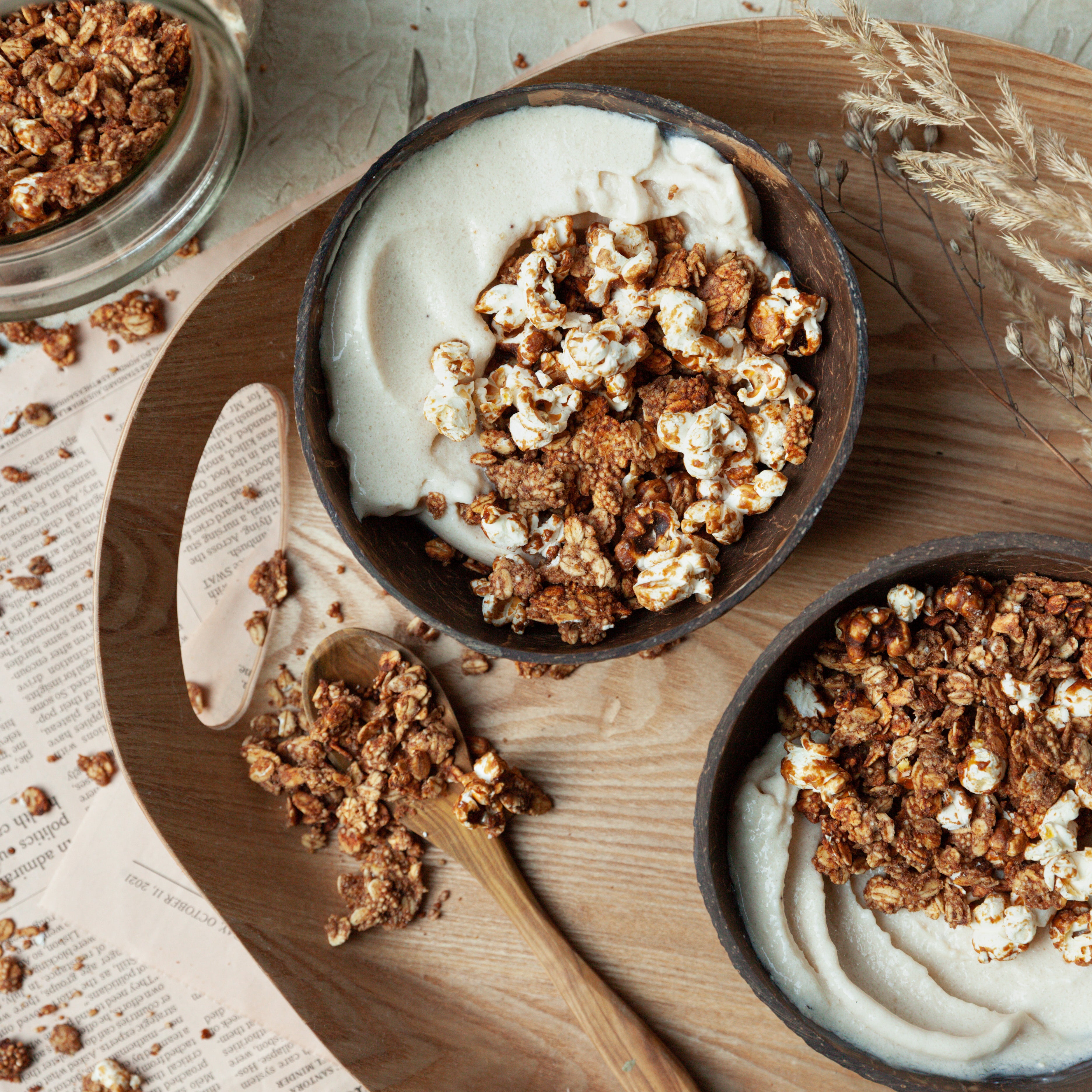 Caramel Popcorn and Peanut Butter-Cinnamon Granola